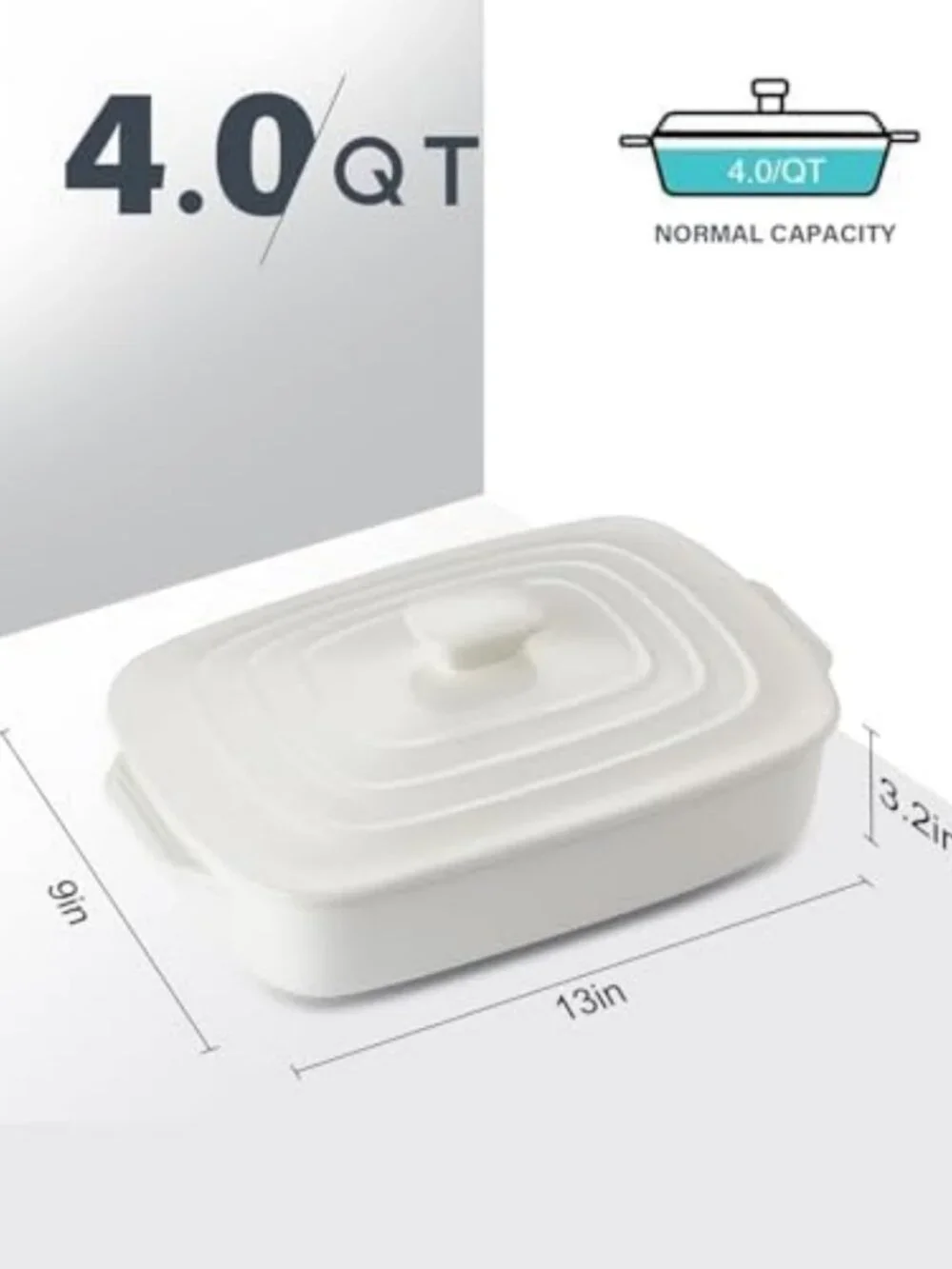 4 QT White Ceramic Casserole Dish with Lid - Large Baking & Serving Dish